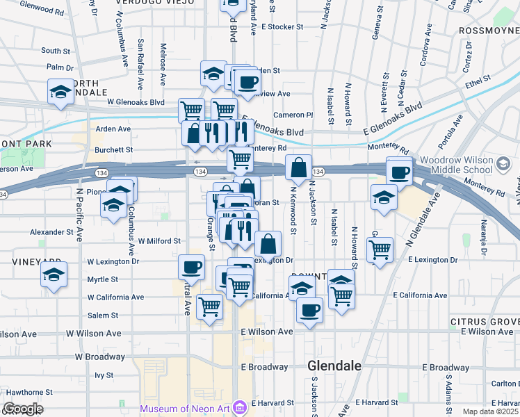 map of restaurants, bars, coffee shops, grocery stores, and more near 115-199 East Doran Street in Glendale