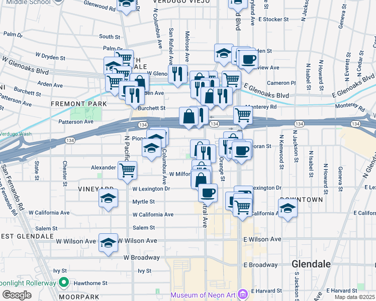 map of restaurants, bars, coffee shops, grocery stores, and more near 350 Pioneer Drive in Glendale