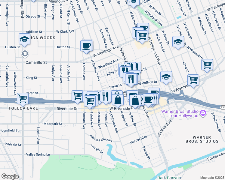 map of restaurants, bars, coffee shops, grocery stores, and more near 4339 West Sarah Street in Burbank