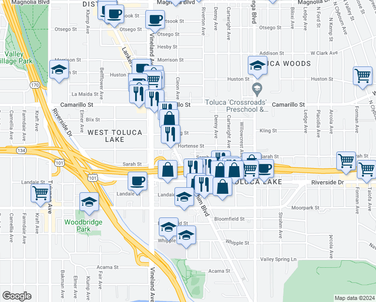 map of restaurants, bars, coffee shops, grocery stores, and more near in Los Angeles
