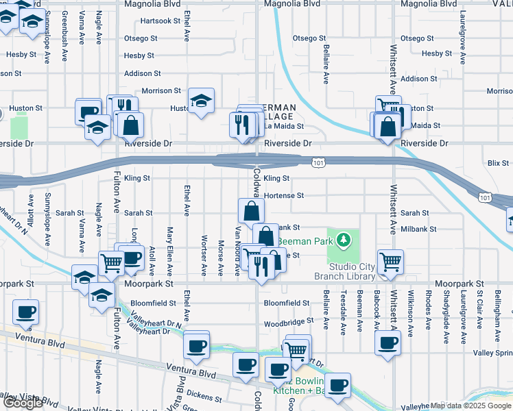 map of restaurants, bars, coffee shops, grocery stores, and more near 4632 Van Noord Avenue in Los Angeles