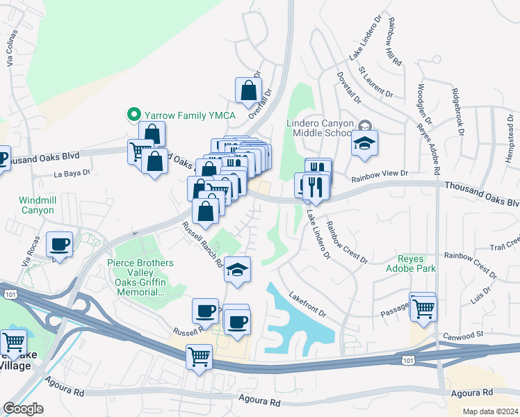 map of restaurants, bars, coffee shops, grocery stores, and more near 30831 Thousand Oaks Boulevard in Westlake Village