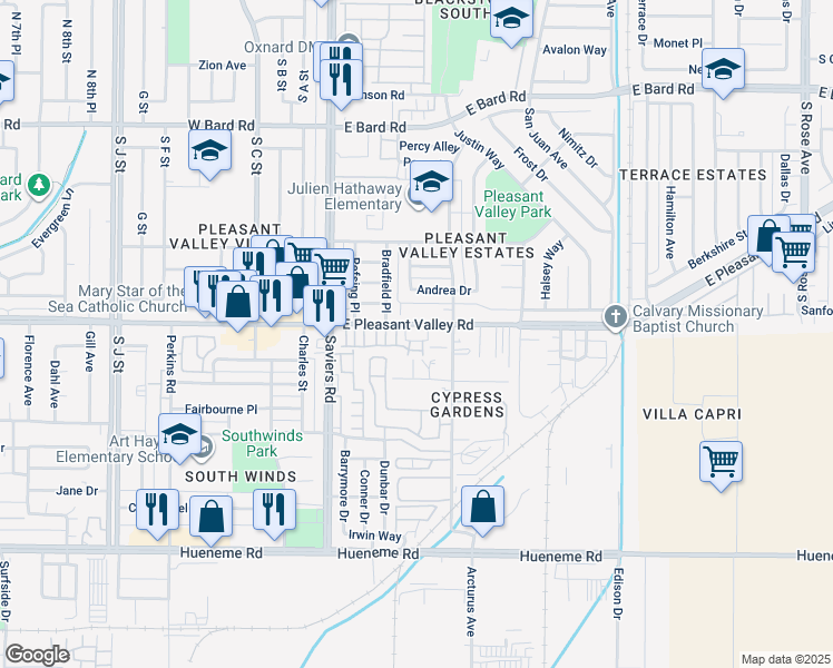 map of restaurants, bars, coffee shops, grocery stores, and more near 321 East Pleasant Valley Road in Oxnard