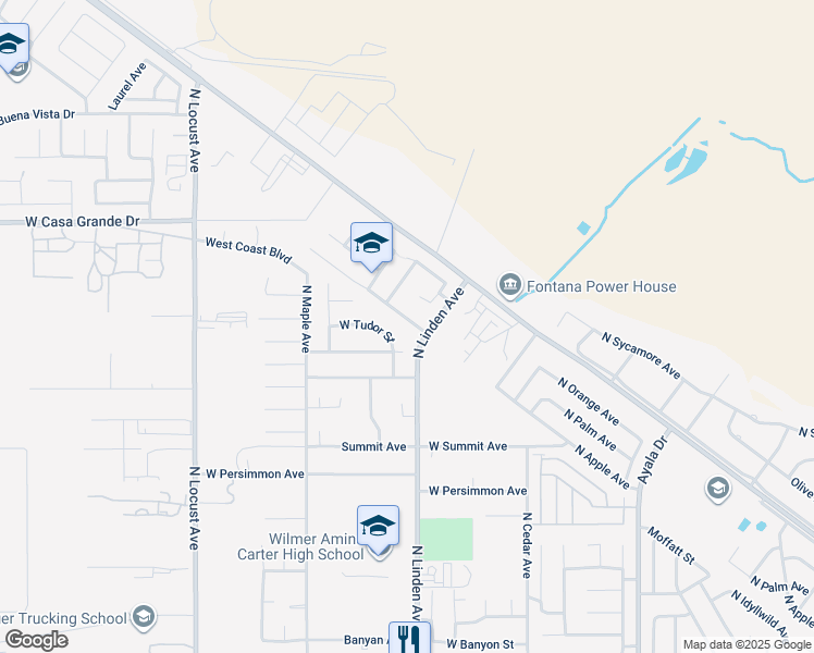 map of restaurants, bars, coffee shops, grocery stores, and more near 1529 West Via Bello Drive in Rialto