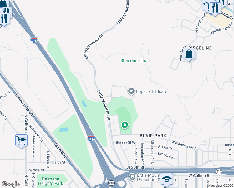 map of restaurants, bars, coffee shops, grocery stores, and more near 1480 West Edgehill Road in San Bernardino