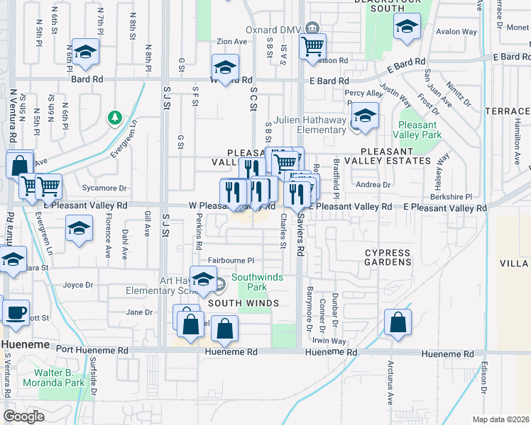 map of restaurants, bars, coffee shops, grocery stores, and more near 258 West Pleasant Valley Road in Oxnard