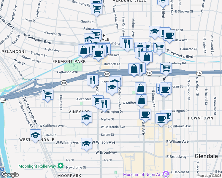 map of restaurants, bars, coffee shops, grocery stores, and more near 430 Pioneer Drive in Glendale