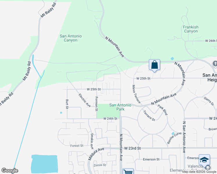 map of restaurants, bars, coffee shops, grocery stores, and more near 1275 West 25th Street in Upland