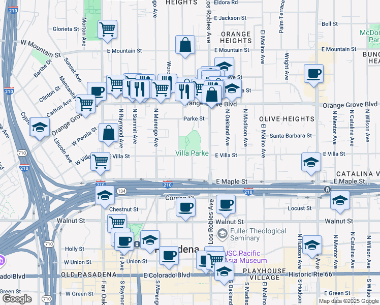 map of restaurants, bars, coffee shops, grocery stores, and more near 363 East Villa Street in Pasadena