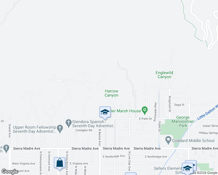 map of restaurants, bars, coffee shops, grocery stores, and more near 1051 Oak Canyon Lane in Glendora