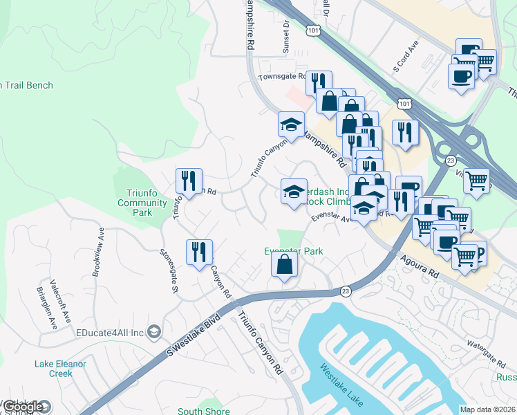 map of restaurants, bars, coffee shops, grocery stores, and more near 893 Blue Spring Drive in Westlake Village
