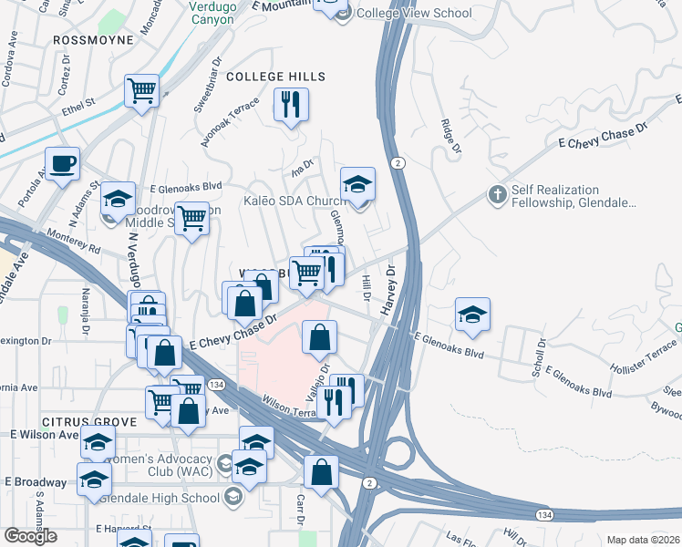 map of restaurants, bars, coffee shops, grocery stores, and more near 1717 East Chevy Chase Drive in Glendale