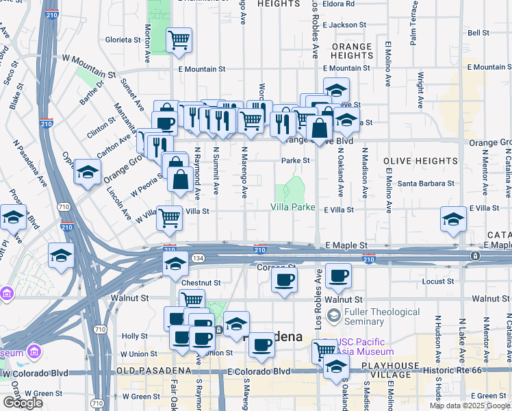 map of restaurants, bars, coffee shops, grocery stores, and more near 527 North Marengo Avenue in Pasadena