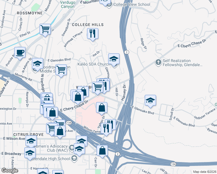 map of restaurants, bars, coffee shops, grocery stores, and more near 1717 East Chevy Chase Drive in Glendale