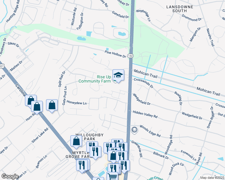 map of restaurants, bars, coffee shops, grocery stores, and more near 4509 Exuma Lane in Wilmington