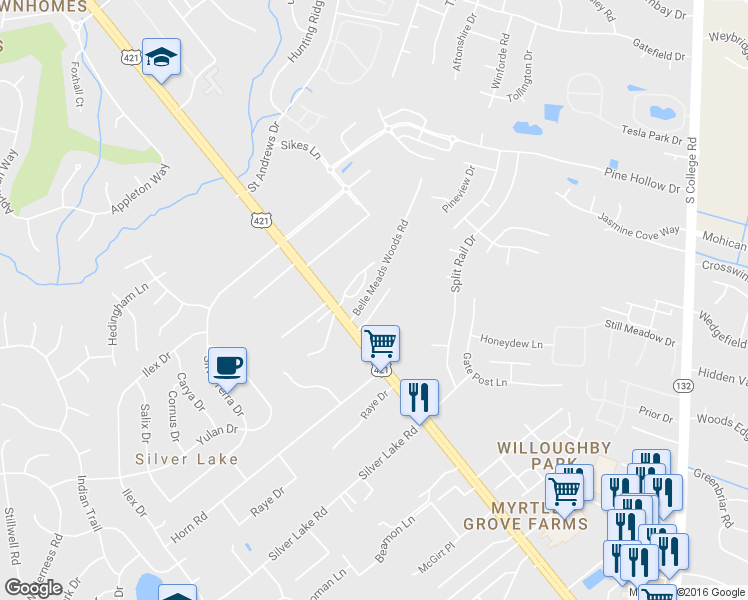 map of restaurants, bars, coffee shops, grocery stores, and more near 4227 Winding Branches Drive in Wilmington