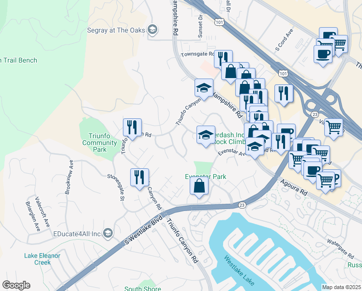 map of restaurants, bars, coffee shops, grocery stores, and more near 869 Blue Spring Drive in Westlake Village