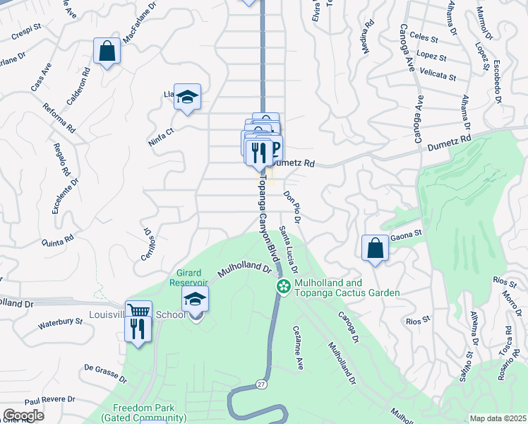 map of restaurants, bars, coffee shops, grocery stores, and more near Topanga Canyon Blvd & Ybarra Rd in Los Angeles
