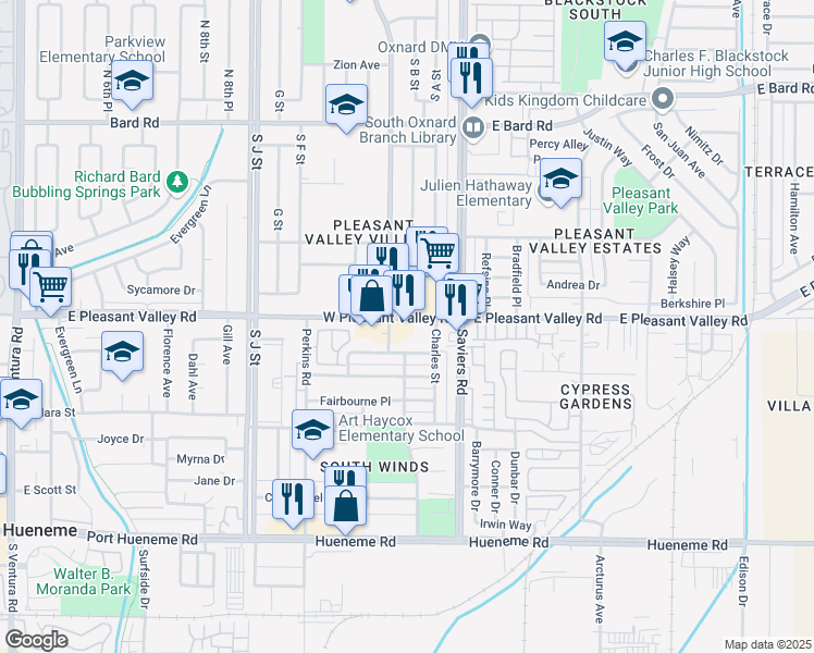 map of restaurants, bars, coffee shops, grocery stores, and more near 232 West Pleasant Valley Road in Oxnard