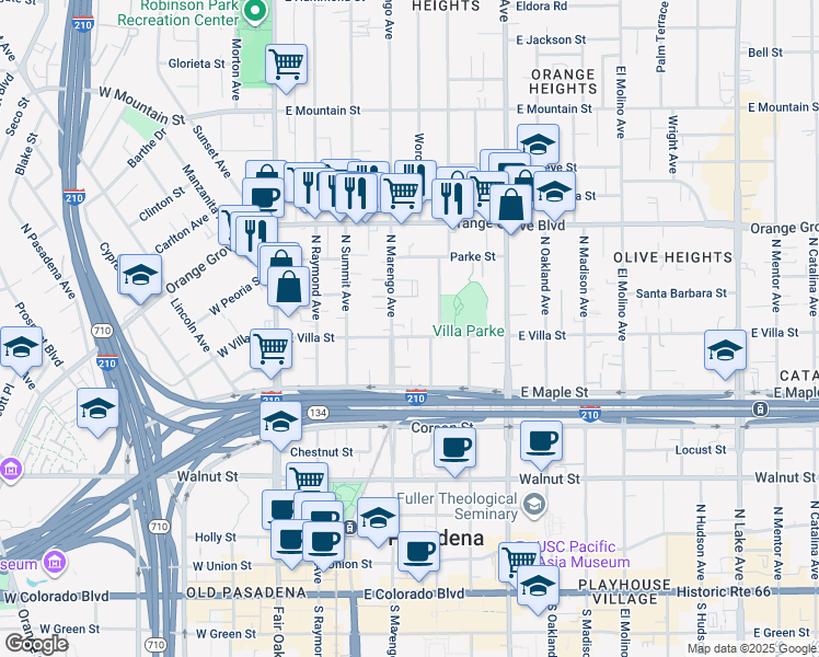 map of restaurants, bars, coffee shops, grocery stores, and more near 253 East Villa Street in Pasadena