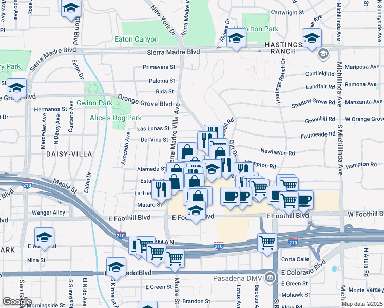 map of restaurants, bars, coffee shops, grocery stores, and more near 465 North Halstead Street in Pasadena