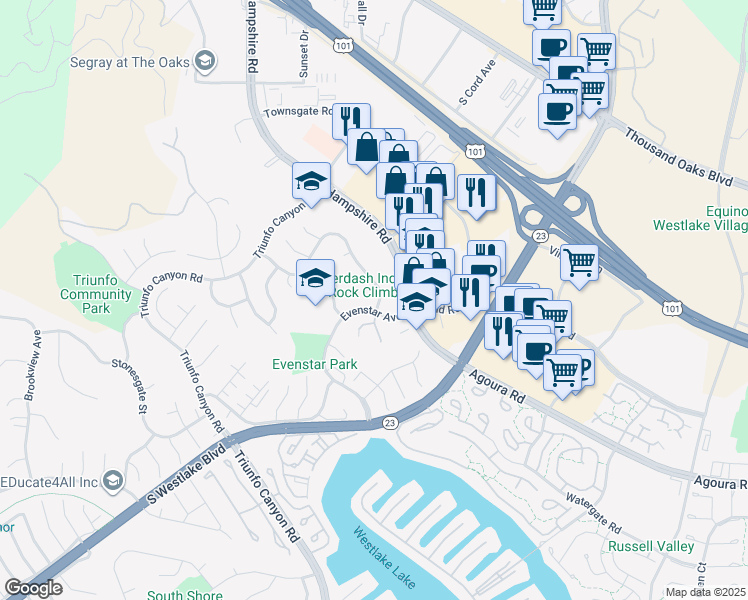 map of restaurants, bars, coffee shops, grocery stores, and more near 885 Rim Crest Drive in Westlake Village