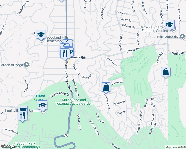 map of restaurants, bars, coffee shops, grocery stores, and more near 21806 Ybarra Road in Los Angeles