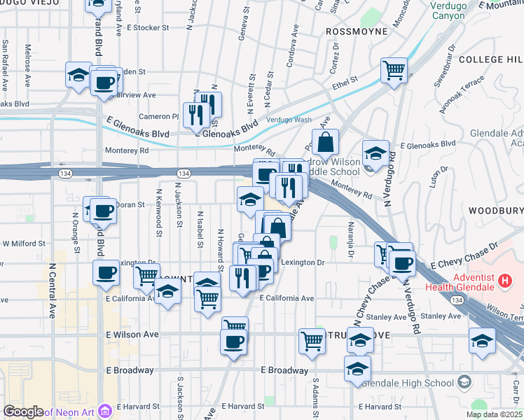map of restaurants, bars, coffee shops, grocery stores, and more near 2 East Doran Street in Glendale