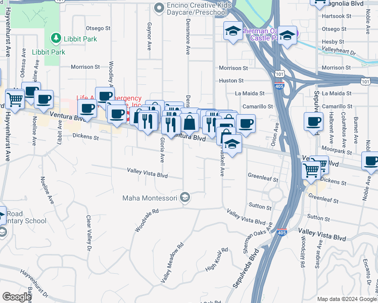 map of restaurants, bars, coffee shops, grocery stores, and more near 4610 Densmore Avenue in Los Angeles
