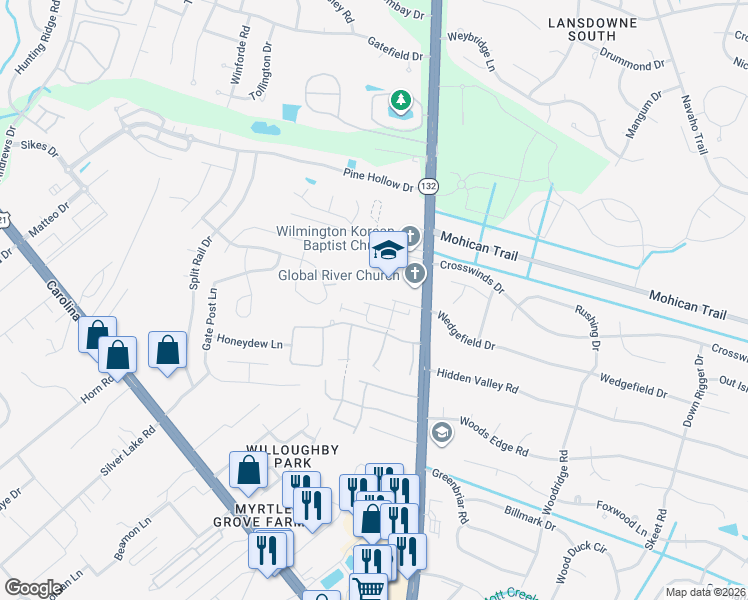 map of restaurants, bars, coffee shops, grocery stores, and more near 4513 Exuma Lane in Wilmington