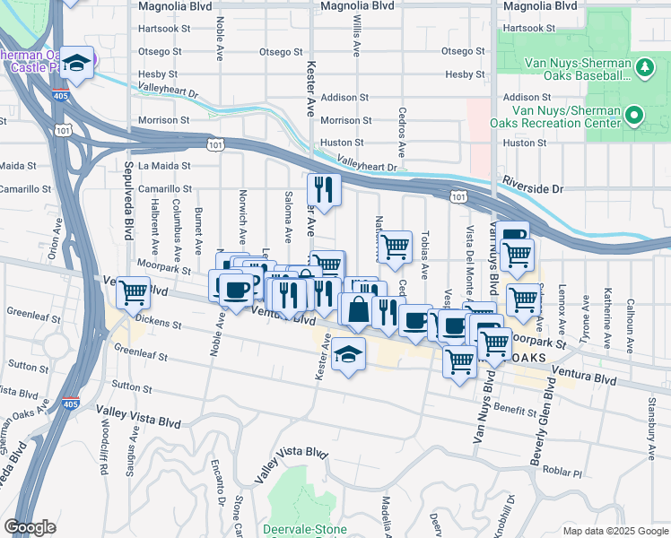 map of restaurants, bars, coffee shops, grocery stores, and more near 2 Moorpark Street in Los Angeles
