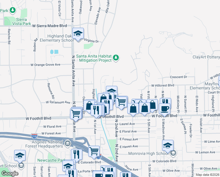 map of restaurants, bars, coffee shops, grocery stores, and more near 1245 Oakhaven Road in Arcadia