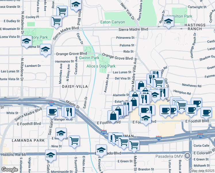 map of restaurants, bars, coffee shops, grocery stores, and more near 470 Avocado Avenue in Pasadena