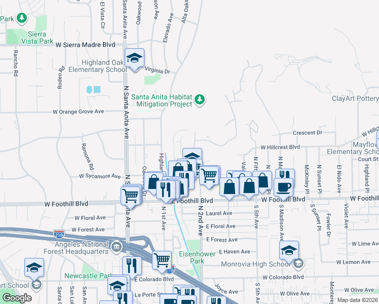 map of restaurants, bars, coffee shops, grocery stores, and more near 1253 Oakhaven Road in Arcadia