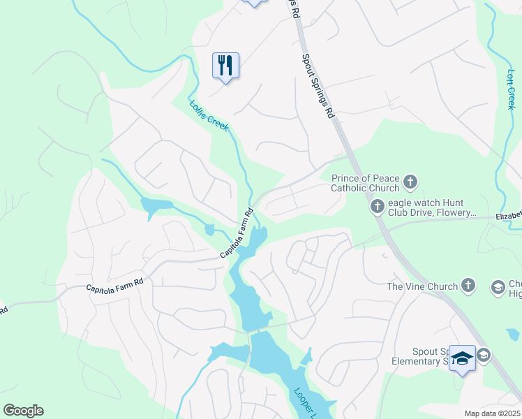 map of restaurants, bars, coffee shops, grocery stores, and more near 6564 Crosscreek Lane in Flowery Branch