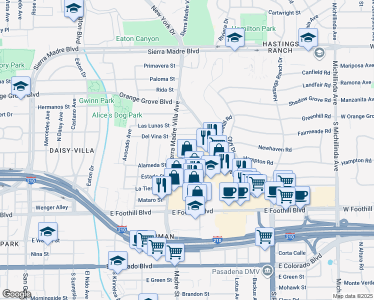 map of restaurants, bars, coffee shops, grocery stores, and more near 465 North Halstead Street in Pasadena