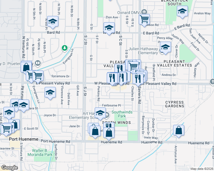 map of restaurants, bars, coffee shops, grocery stores, and more near 463 West Pleasant Valley Road in Oxnard