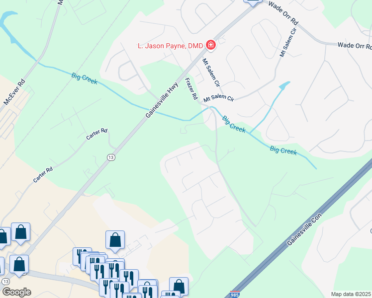 map of restaurants, bars, coffee shops, grocery stores, and more near 5388 Frazer Road in Buford