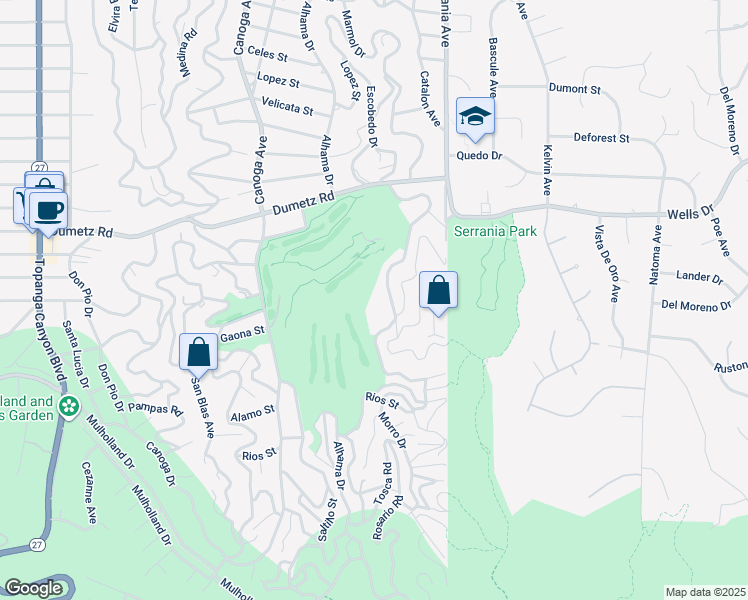 map of restaurants, bars, coffee shops, grocery stores, and more near Ambar Drive in Los Angeles