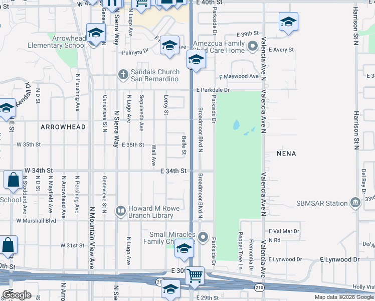 map of restaurants, bars, coffee shops, grocery stores, and more near 3475 Belle Street in San Bernardino