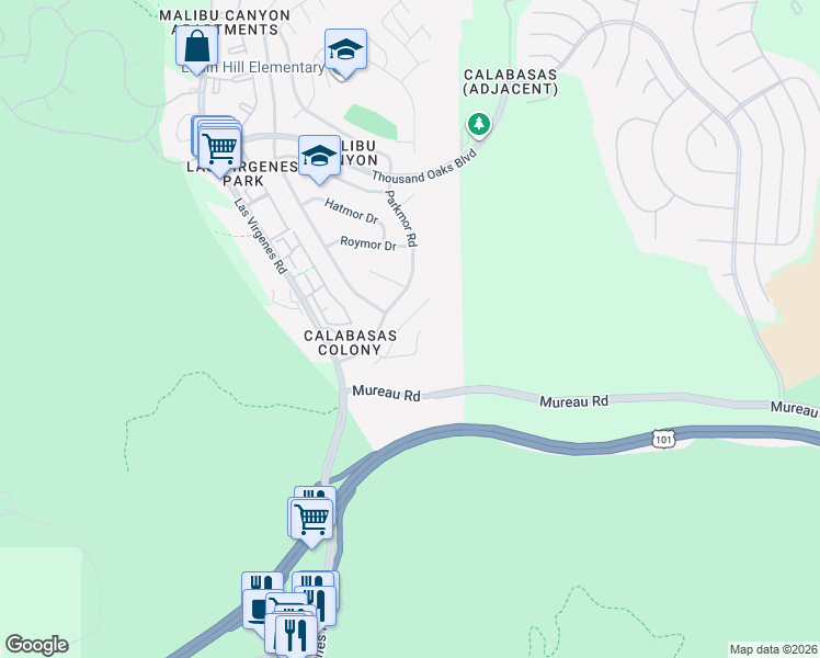 map of restaurants, bars, coffee shops, grocery stores, and more near 26011 Redbluff Drive in Calabasas