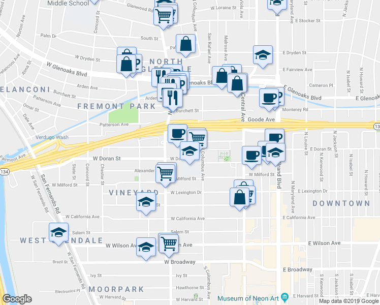 map of restaurants, bars, coffee shops, grocery stores, and more near 423 West Doran Street in Glendale