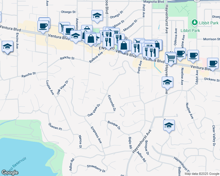 map of restaurants, bars, coffee shops, grocery stores, and more near 16840 Oak View Drive in Los Angeles