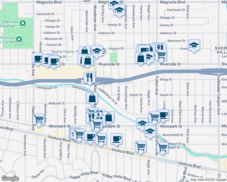map of restaurants, bars, coffee shops, grocery stores, and more near 4616 Ventura Canyon Avenue in Los Angeles