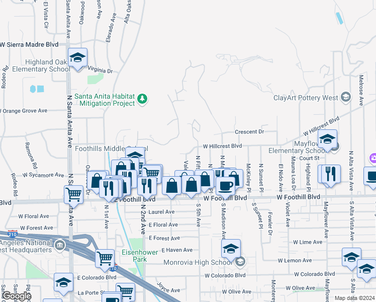 map of restaurants, bars, coffee shops, grocery stores, and more near 405 Hillcrest Boulevard in Arcadia