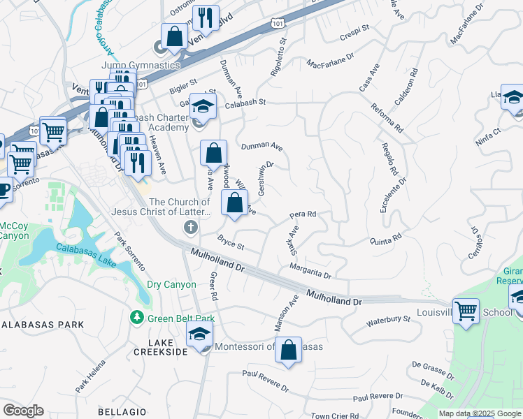 map of restaurants, bars, coffee shops, grocery stores, and more near 4635 Gershwin Place in Los Angeles