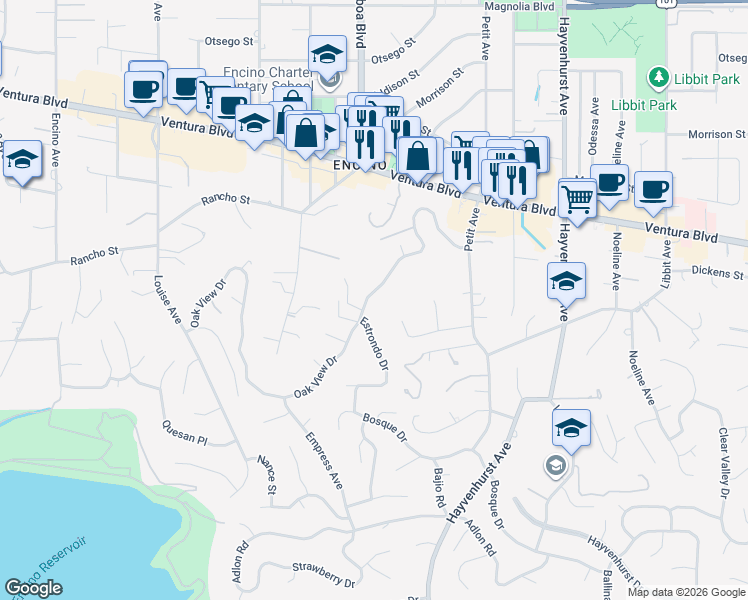 map of restaurants, bars, coffee shops, grocery stores, and more near 16840 Oak View Drive in Los Angeles