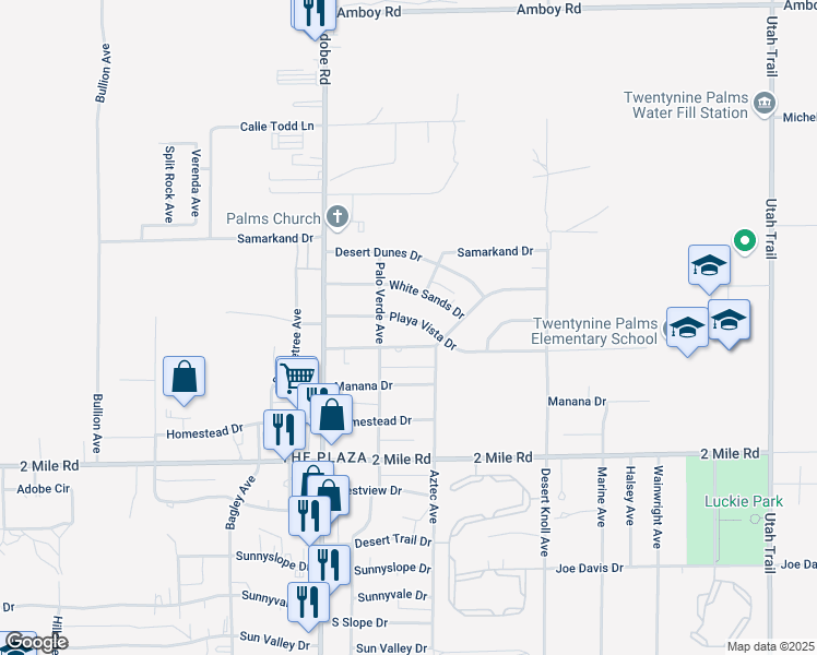 map of restaurants, bars, coffee shops, grocery stores, and more near 73853 Playa Vista Drive in Twentynine Palms