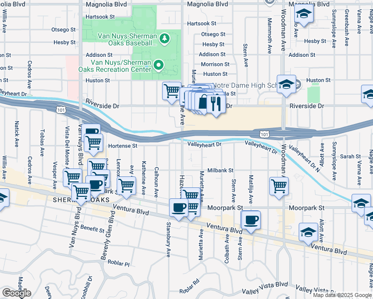 map of restaurants, bars, coffee shops, grocery stores, and more near 4565 Hazeltine Avenue in Los Angeles