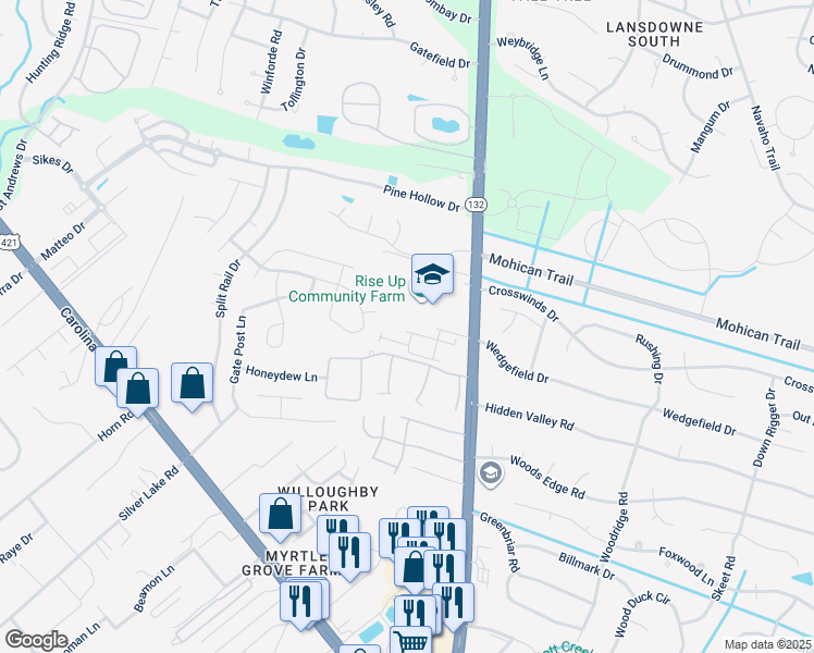 map of restaurants, bars, coffee shops, grocery stores, and more near 4503 Exuma Lane in Wilmington